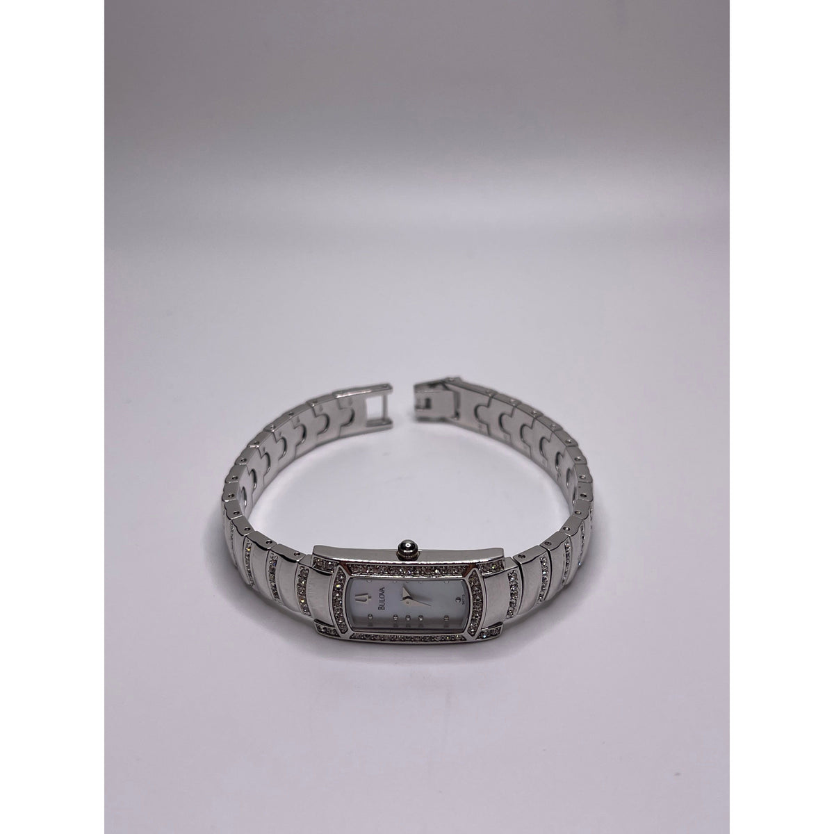 Bulova Ladies Mother of Pearl Dial Silver Tone Crystal Bracelet Watch 96T13