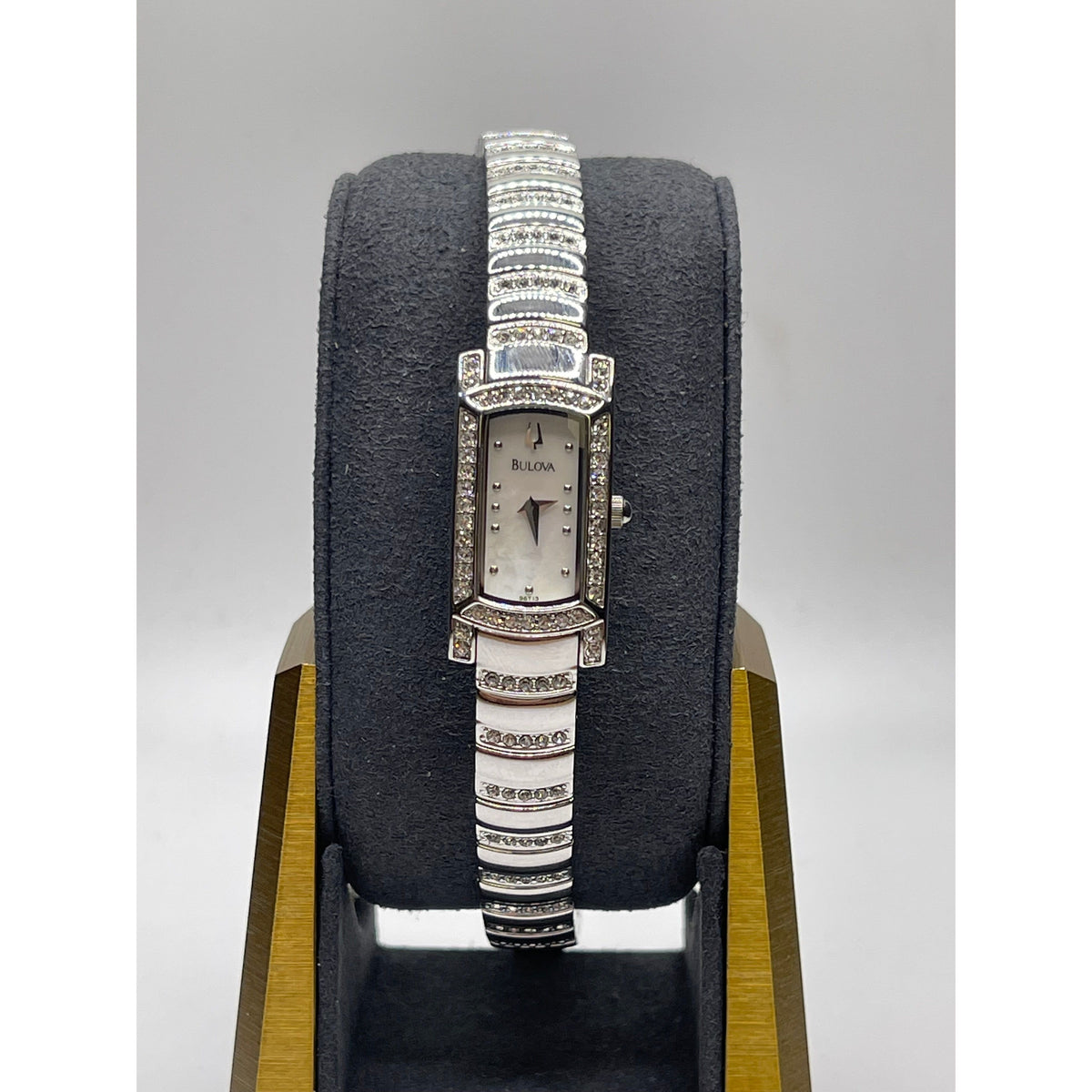 Bulova Ladies Mother of Pearl Dial Silver Tone Crystal Bracelet Watch 96T13