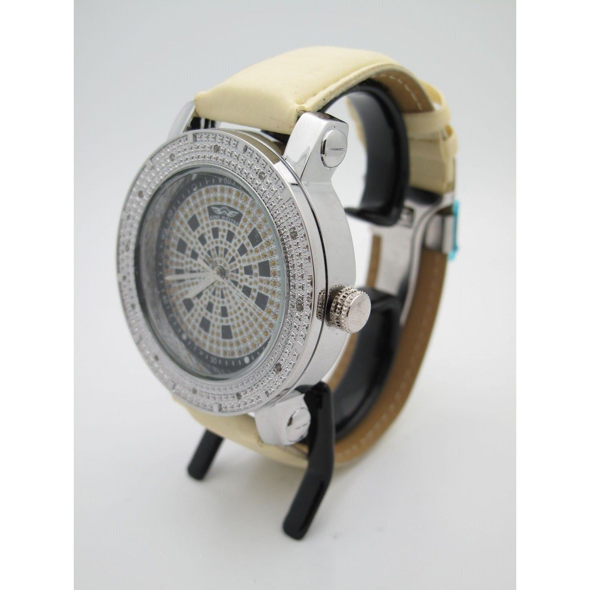 King Master 104M Men's 0.06CT Diamonds Black & Silver Dial & Beige Band Watch