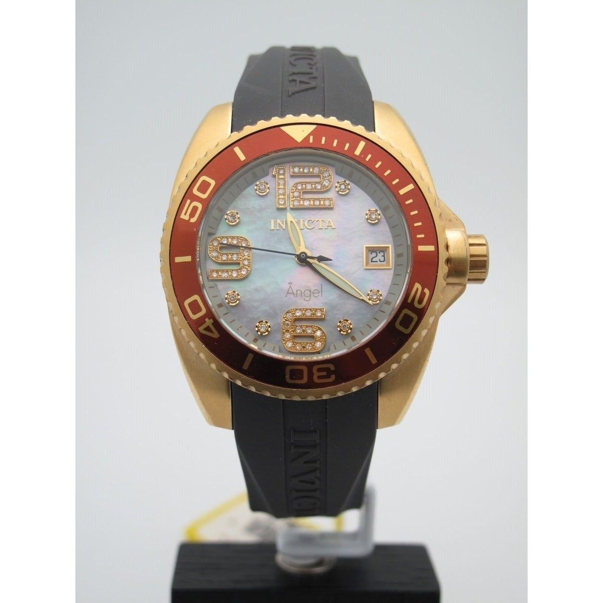 Invicta Angel Ladies Gold Mother Of Pearl w. Diamond Dial Rubber Band Watch 0498