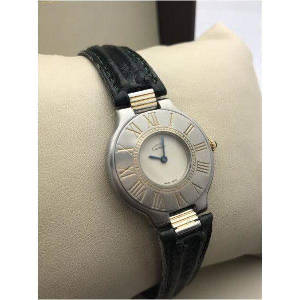 Cartier Must de Vintage Roman Bezel Two Tone Quartz Leather Strap Watch 901142688