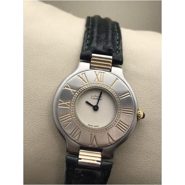 Cartier Must de Vintage Roman Bezel Two Tone Quartz Leather Strap Watch 901142688