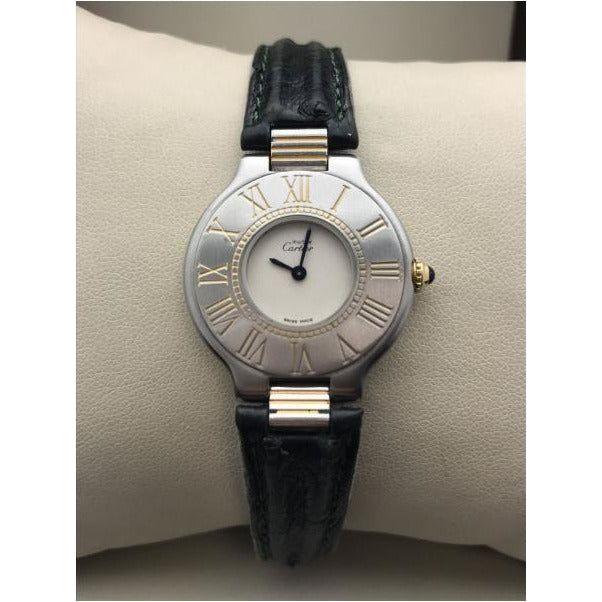 Cartier Must de Vintage Roman Bezel Two Tone Quartz Leather Strap Watch 901142688