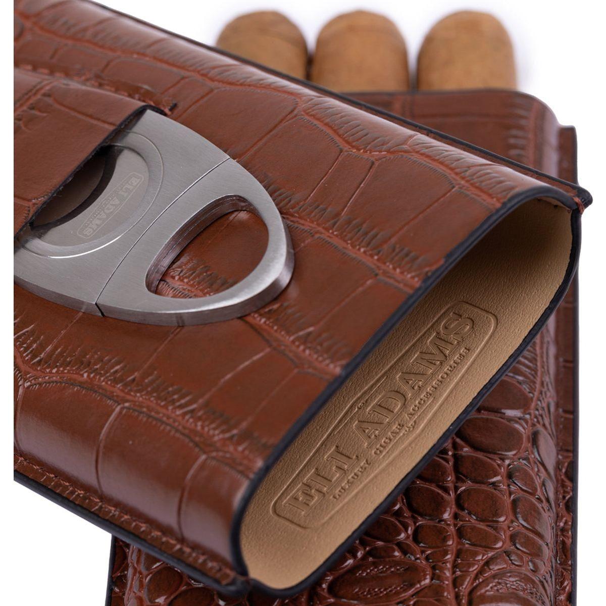 Brown Alligator Pattern Leather Cigar Carry Case for 3 Cigars