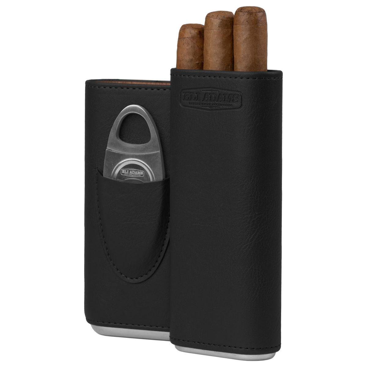 Black Flat Pattern Leather Cigar Carry Case for 3 Cigars