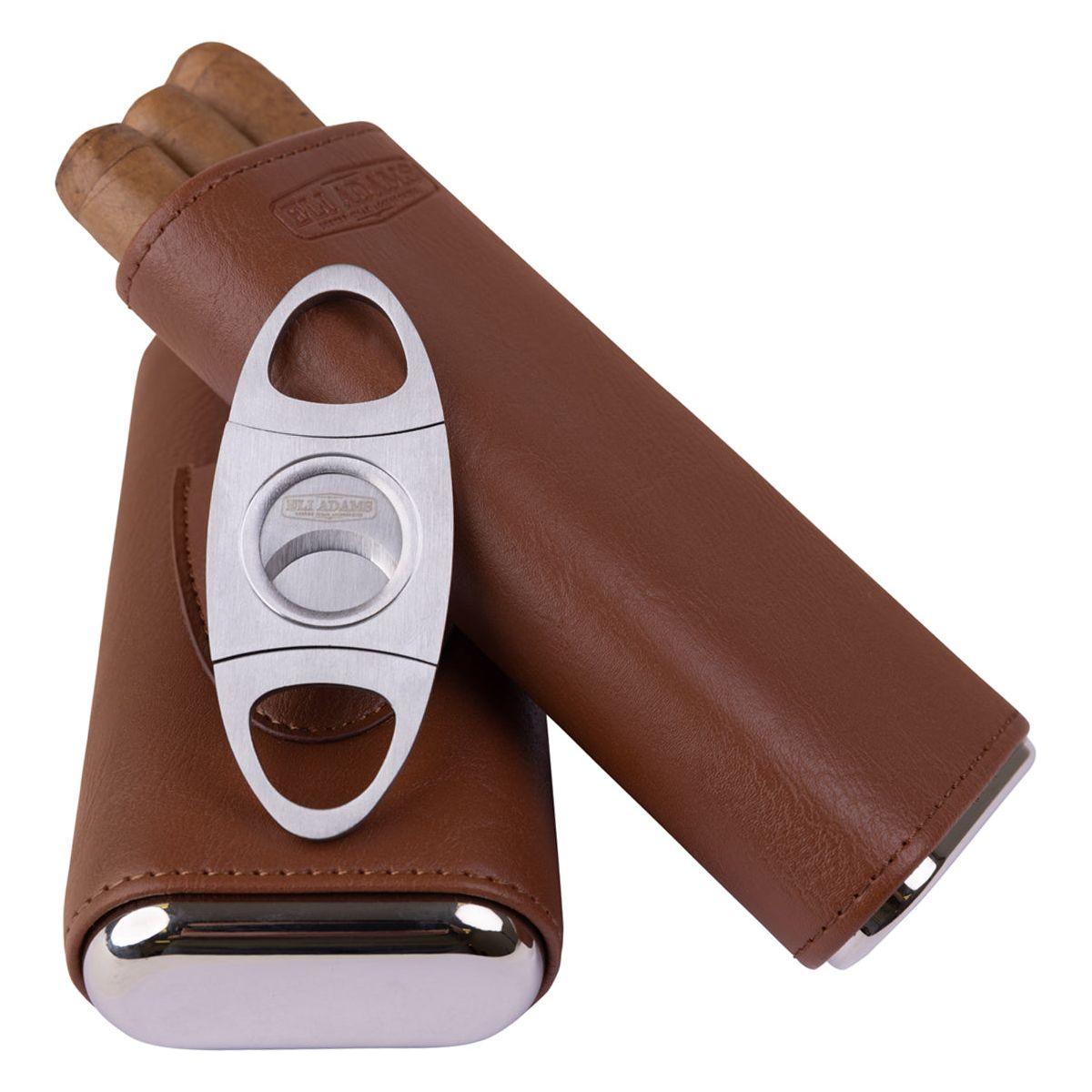 Brown Flat Pattern Leather Cigar Carry Case for 3 Cigars