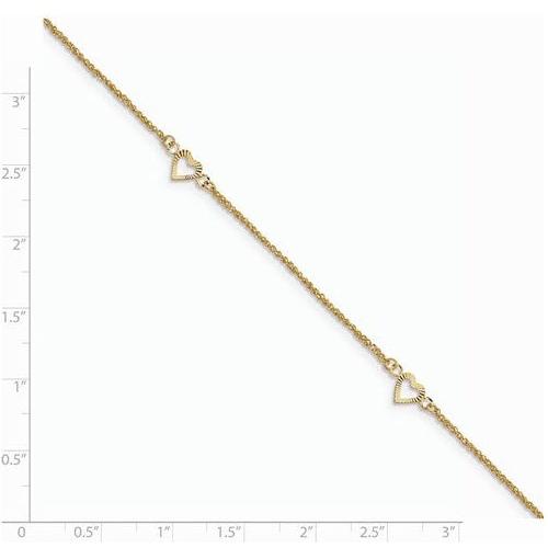 ANKQGANK218-10 14k Diamond-Cut Hearts With 9in 1in Ext Anklet