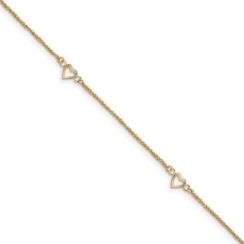 ANKQGANK218-10 14k Diamond-Cut Hearts With 9in 1in Ext Anklet