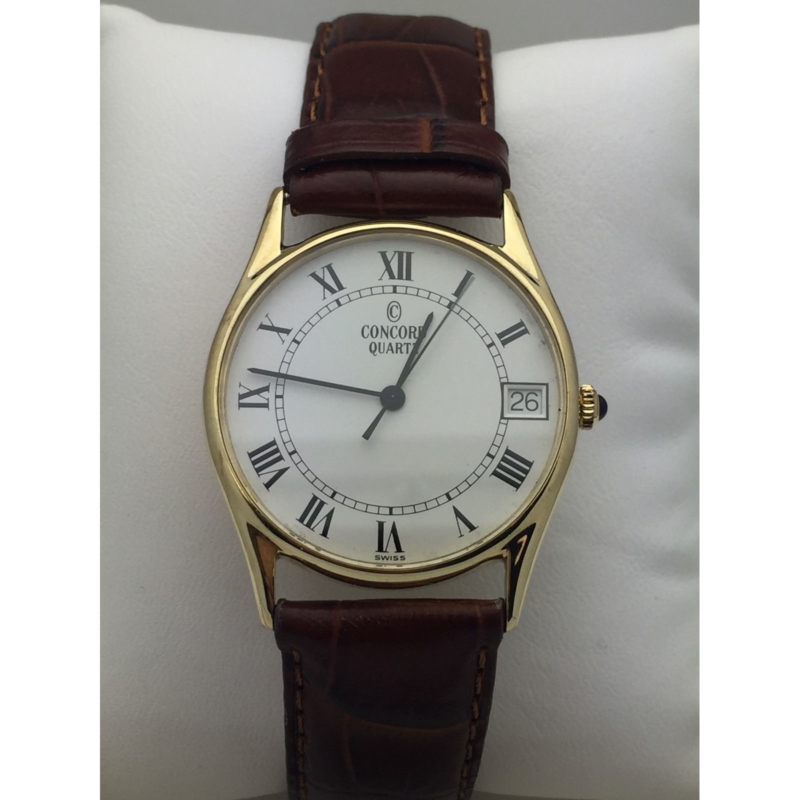 Concord Men s 14K Yellow Gold White Dial Brown Leather Quartz Watch 39 ELI ADAMS JEWELERS