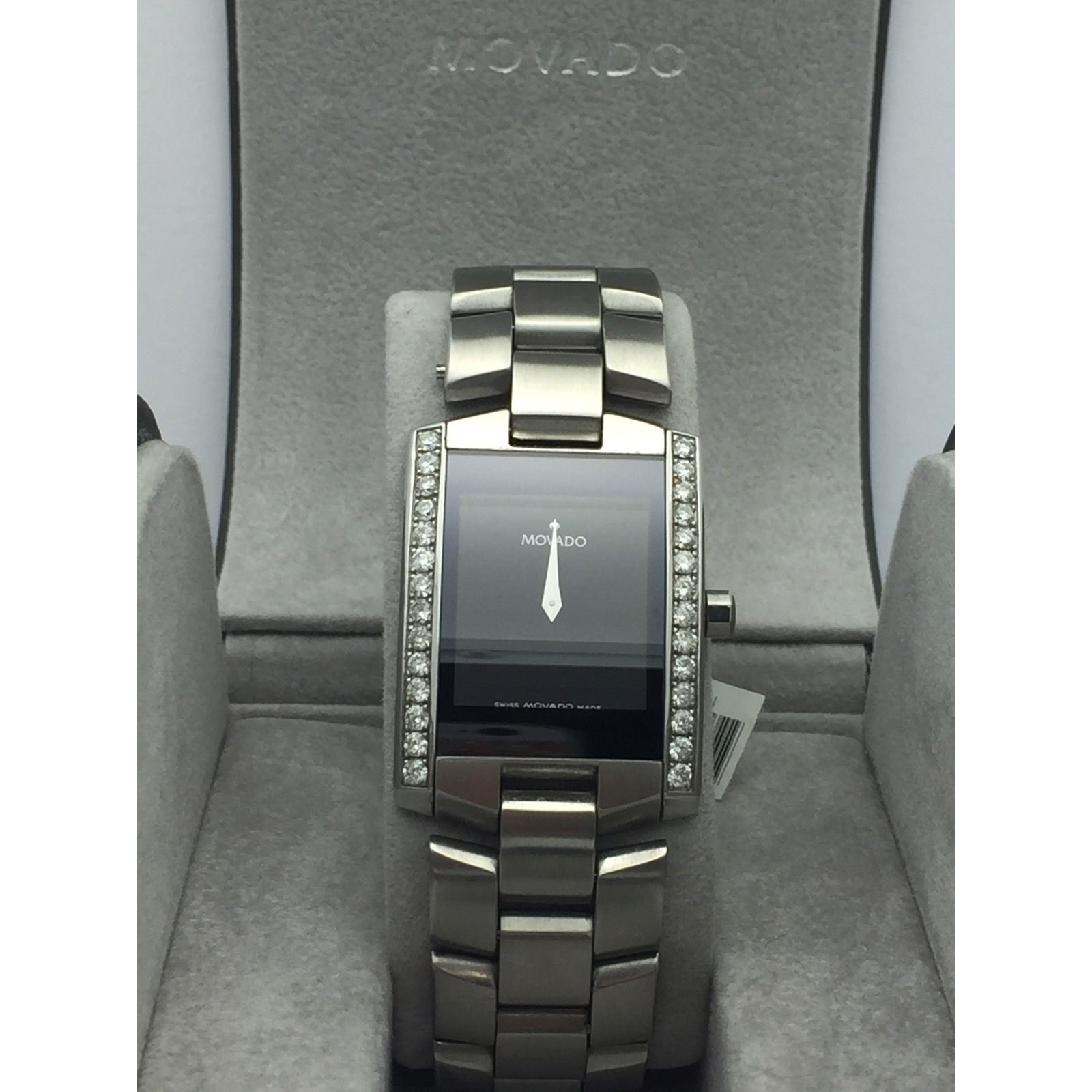 Movado Eliro Unisex Black Dial 1.00CT. 28 Diamonds Steel Bracelet Watch 0604419