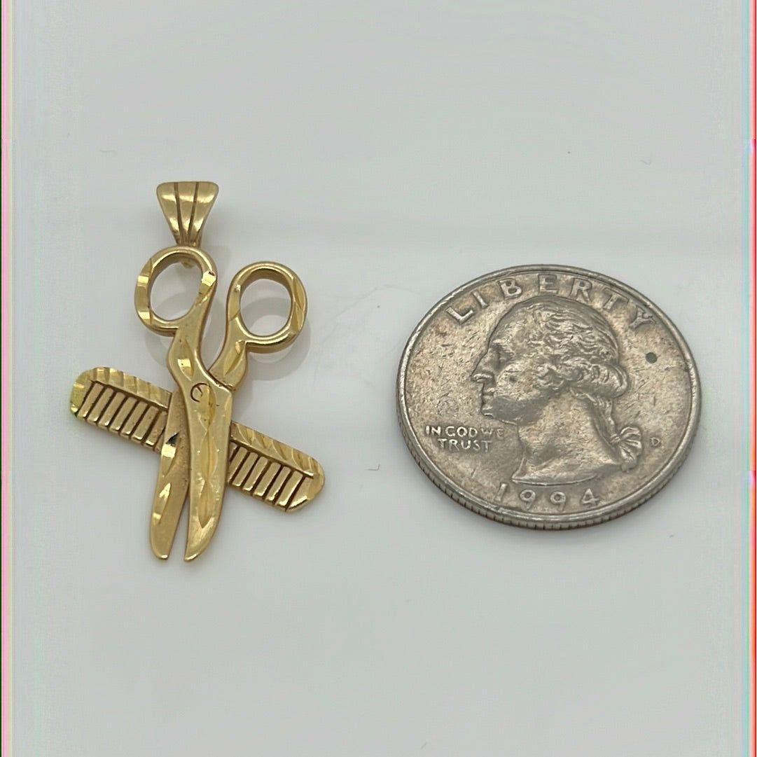 14K Yellow Gold Scissors & Comb Charm Pendant P028