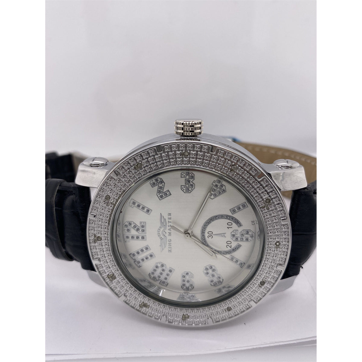 King Master Men's Silver Dial Black Leather Strap Diamond Bezel Watch 104M