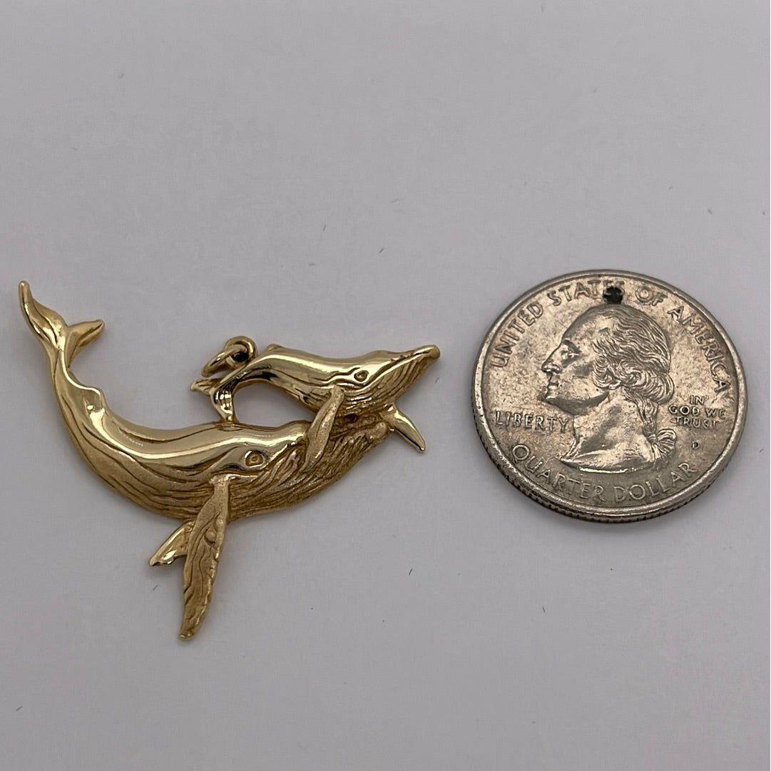 14K Yellow Gold Whale Mom & Child Charm Pendant P009
