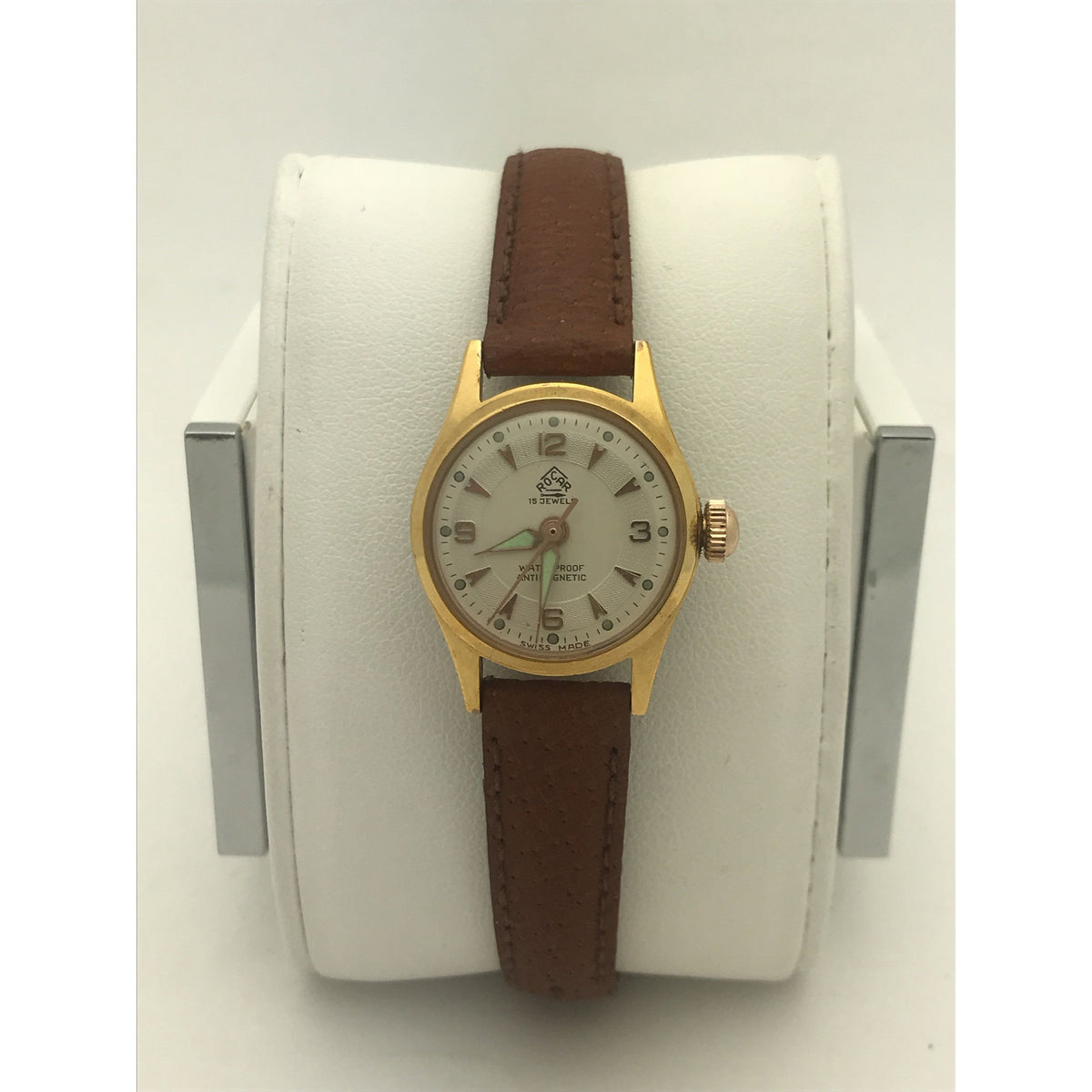 Rocar Ladies 15 Jewels Antimagnetic Brown Leather Band Watch 6047