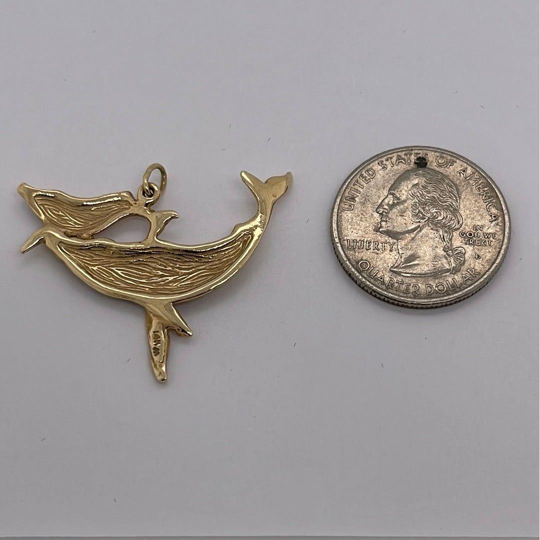 14K Yellow Gold Whale Mom & Child Charm Pendant P009