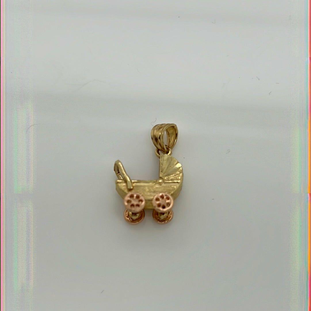 14K Two Tone Yellow/Rose Gold Baby Carriage Charm Pendant P007