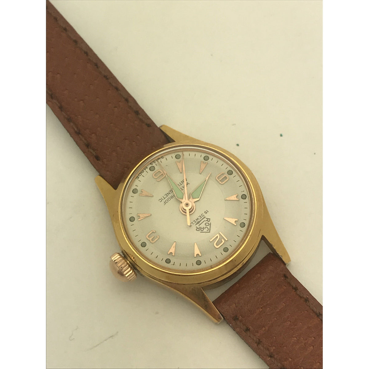 Rocar Ladies 15 Jewels Antimagnetic Brown Leather Band Watch 6047