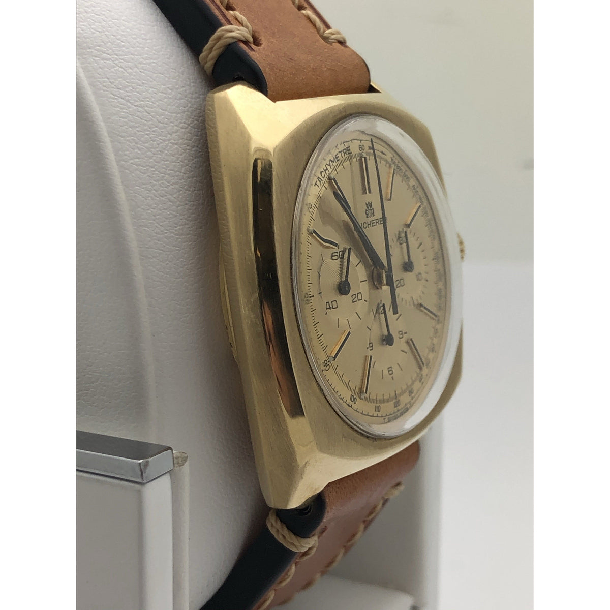 Bucherer Men's Vintage 18K Gold Chronograph Light Brown Leather Strap Watch