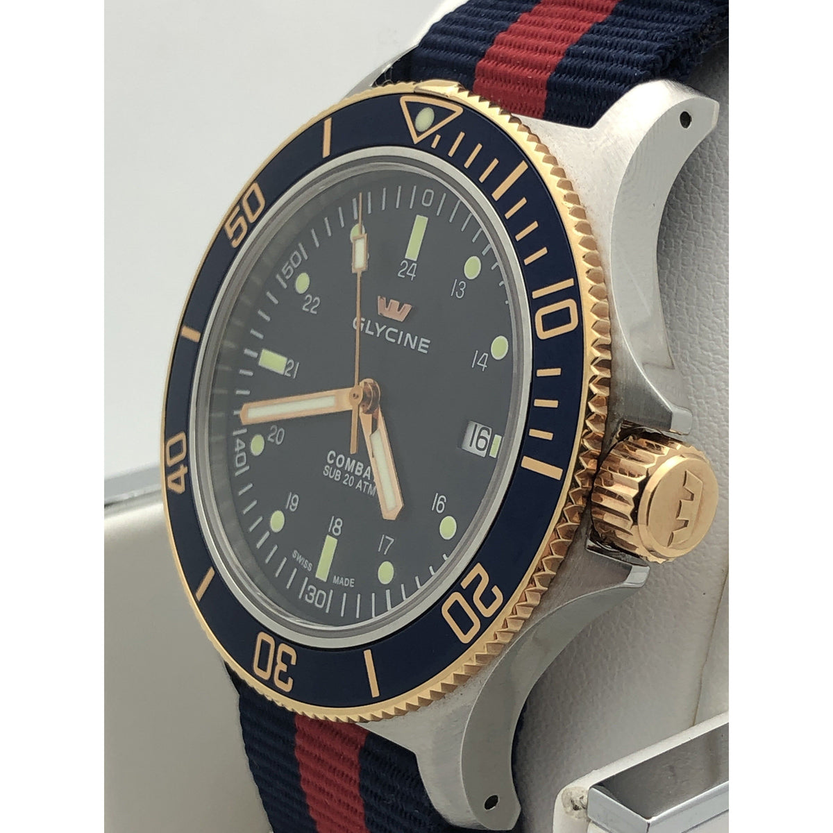 Glycine Men's Combat SUB Automatic Blue Dial Blue & Red Nylon Strap Watch 3908.3