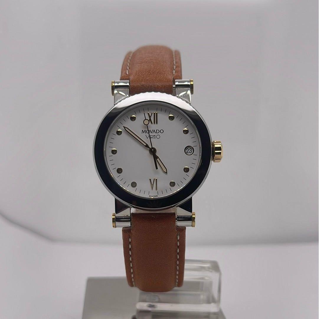 Movado Vizio Ladies White Dial Light Brown Leather Band Watch 1603601