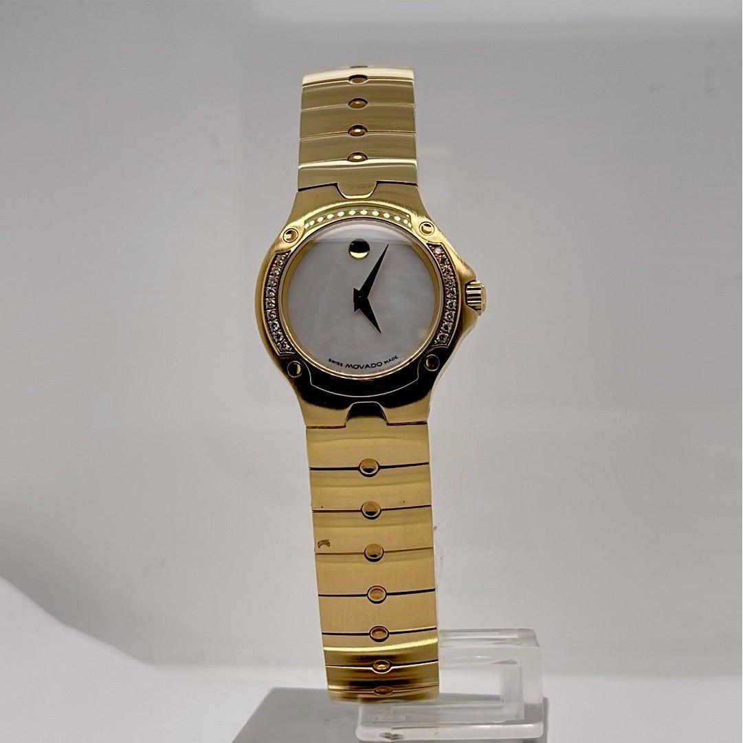 Movado Ladies Sport Edition Mother of Pearl Dial Gold Tone Stainless Steel Bracelet Swiss Quartz Movement Watch 0604727