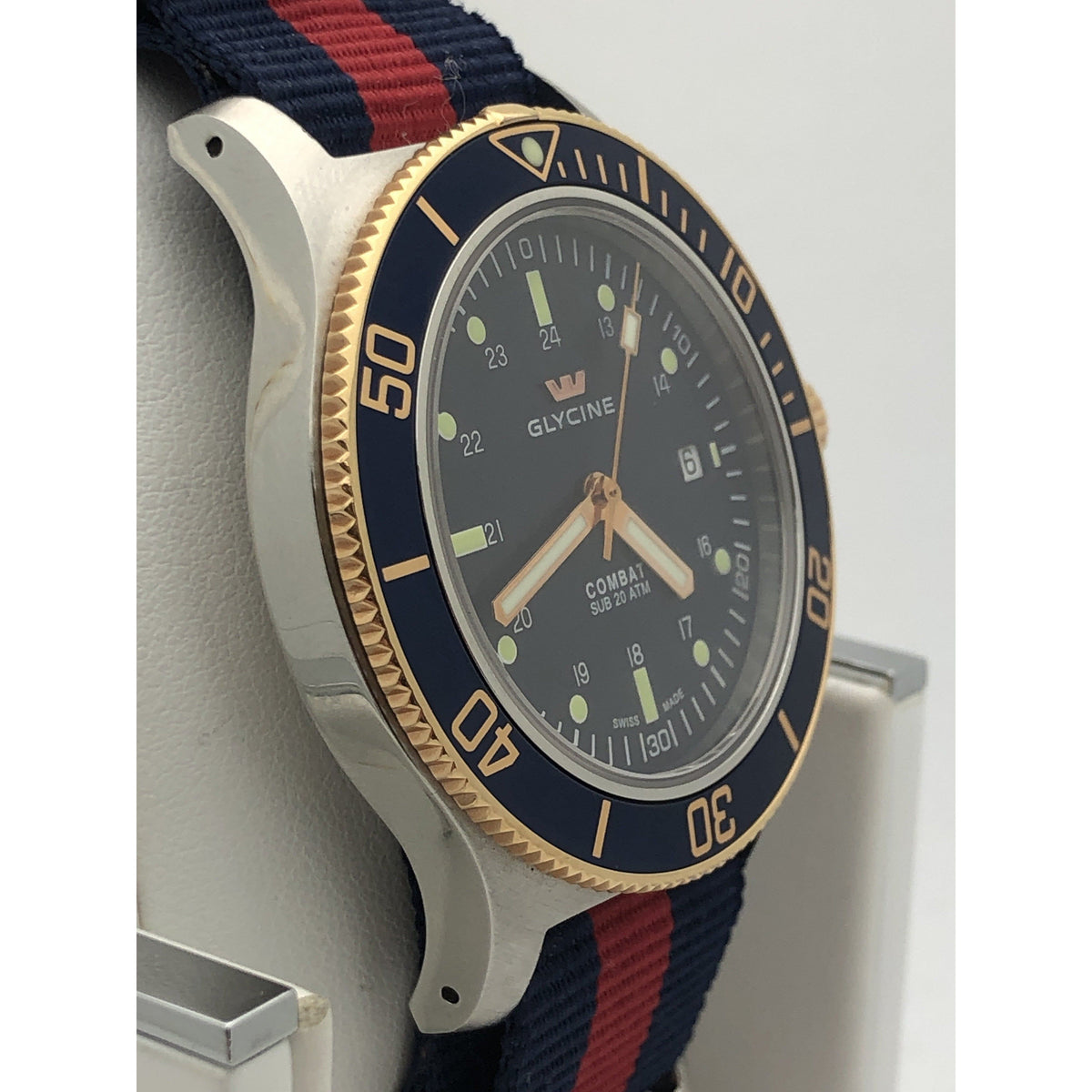 Glycine Men's Combat SUB Automatic Blue Dial Blue & Red Nylon Strap Watch 3908.3