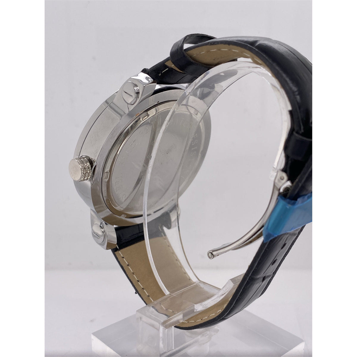 King Master Men's Silver Dial Black Leather Strap Diamond Bezel Watch 104M