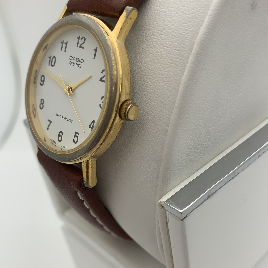 Casio Unisex White Dial Brown Leather Strap Watch MTP-1095