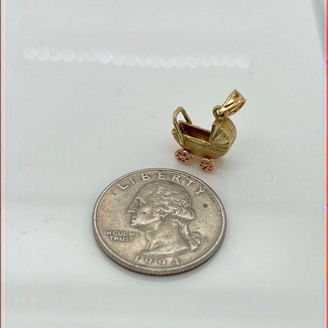 14K Two Tone Yellow/Rose Gold Baby Carriage Charm Pendant P007