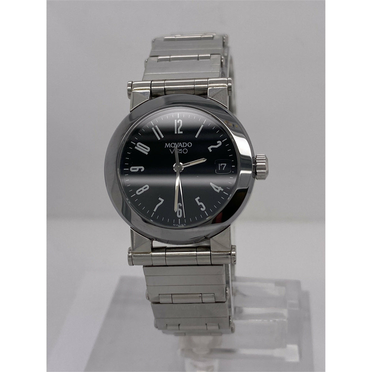 Movado Vizio Ladies Black Dial Silver Stainless Steel Bracelet Watch 83.E1.848
