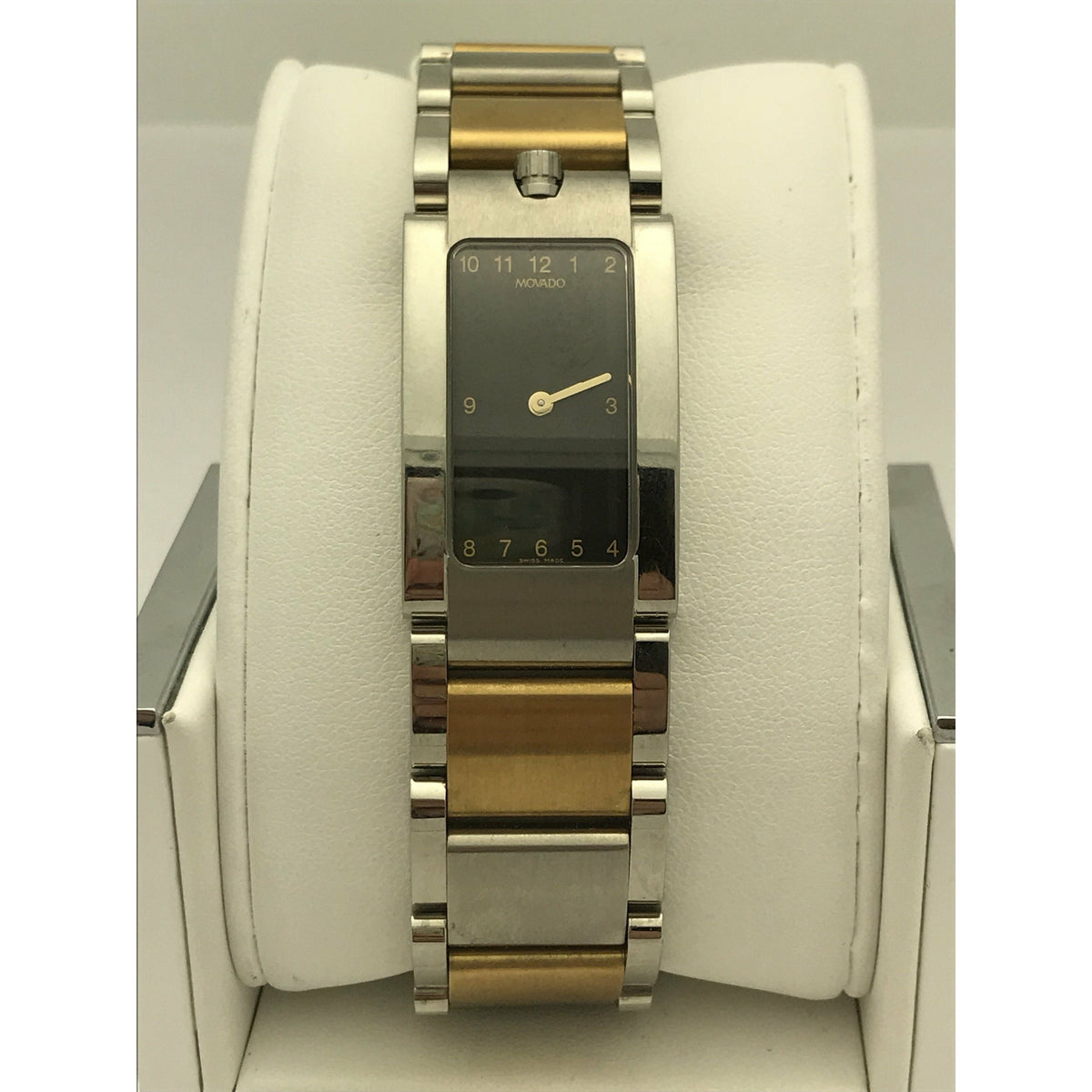 Movado Ladies Rectangle Black Dial Two Tone Stainless Steel Bracelet Watch 0604708