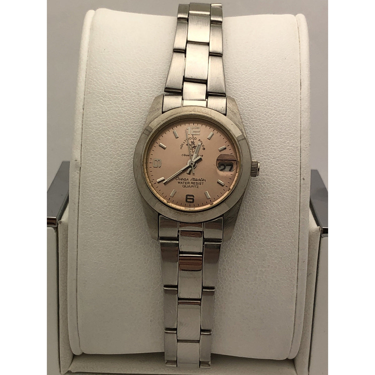 Hollywood Polo Ladies Pink Dial Silver Tone Stainless Steel Bracelet
