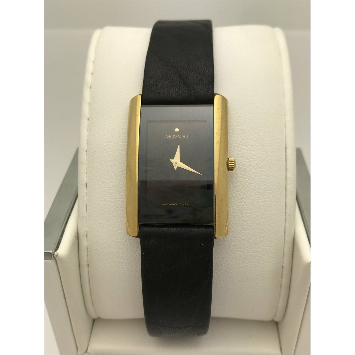 Movado Ladies Eliro Rectangle Black Dial Black Leather Strap Watch 0601906