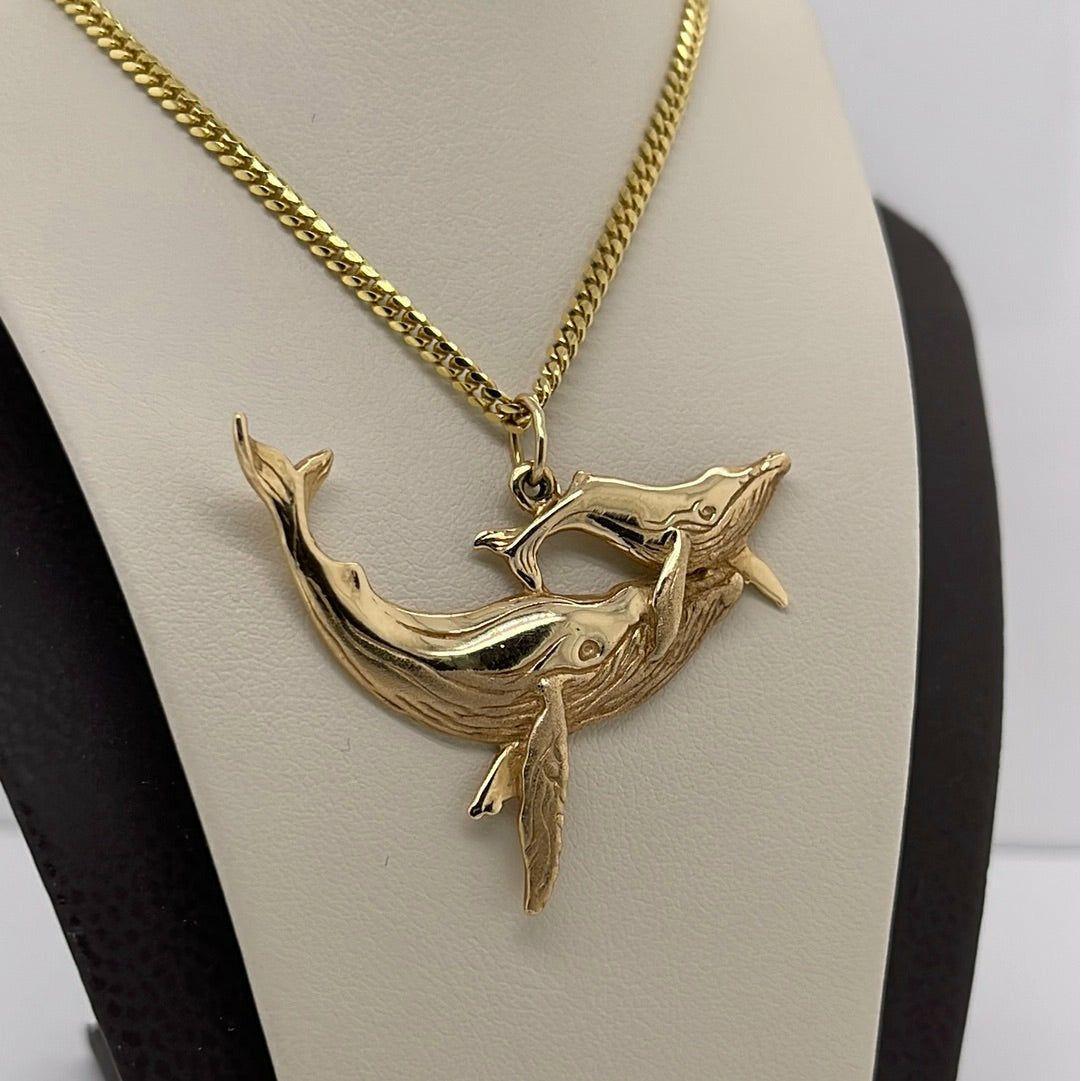 14K Yellow Gold Whale Mom & Child Charm Pendant P009