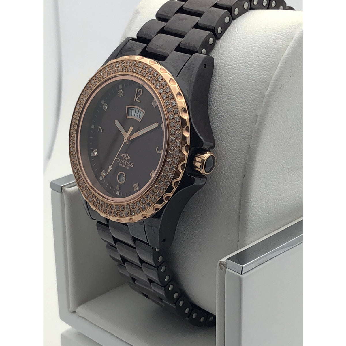 Oniss Ladies Ceramic Date Indicator Maroon Dial Watch ON6200-LRG