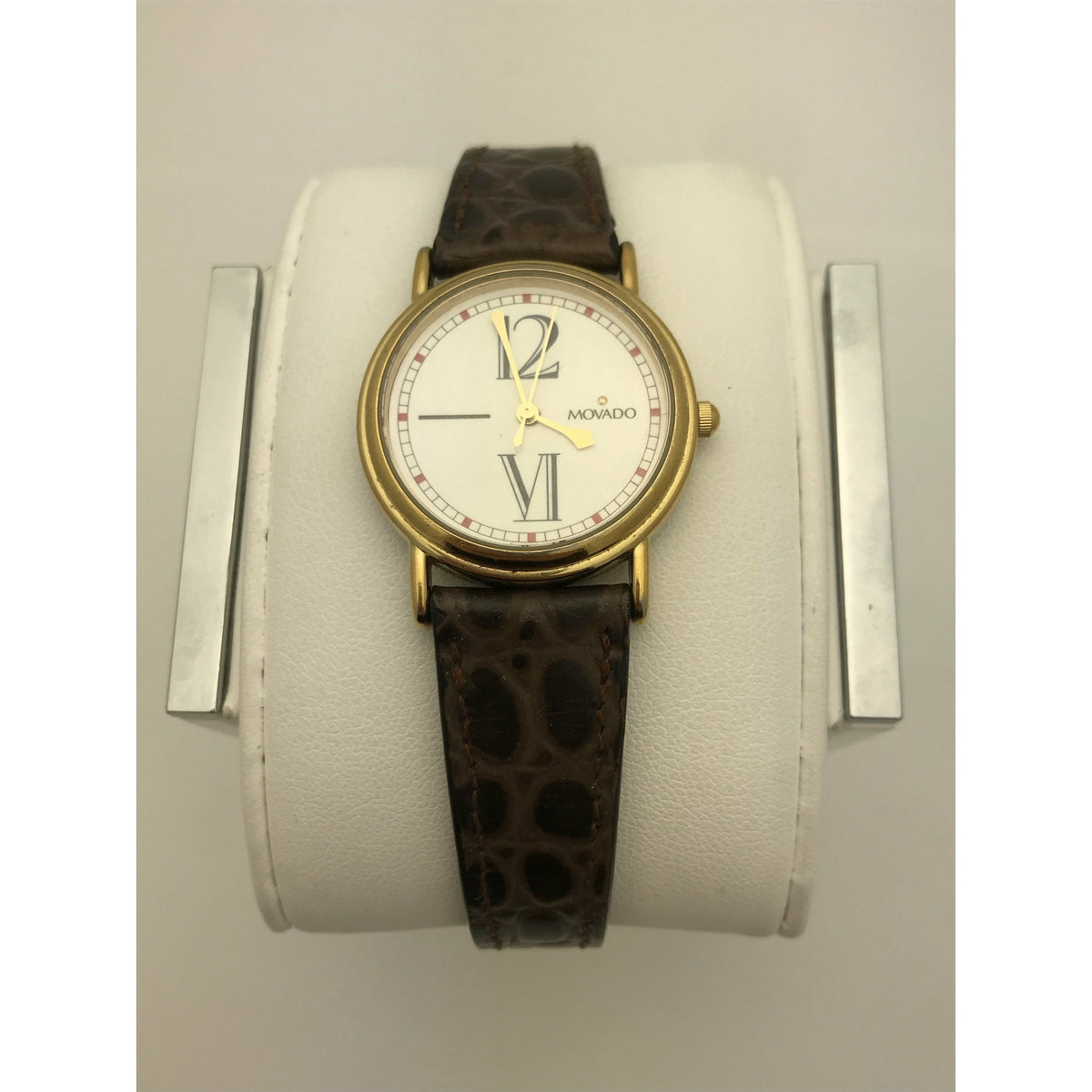 Movado Ladies White Dial Brown Leather Strap Watch 0604752