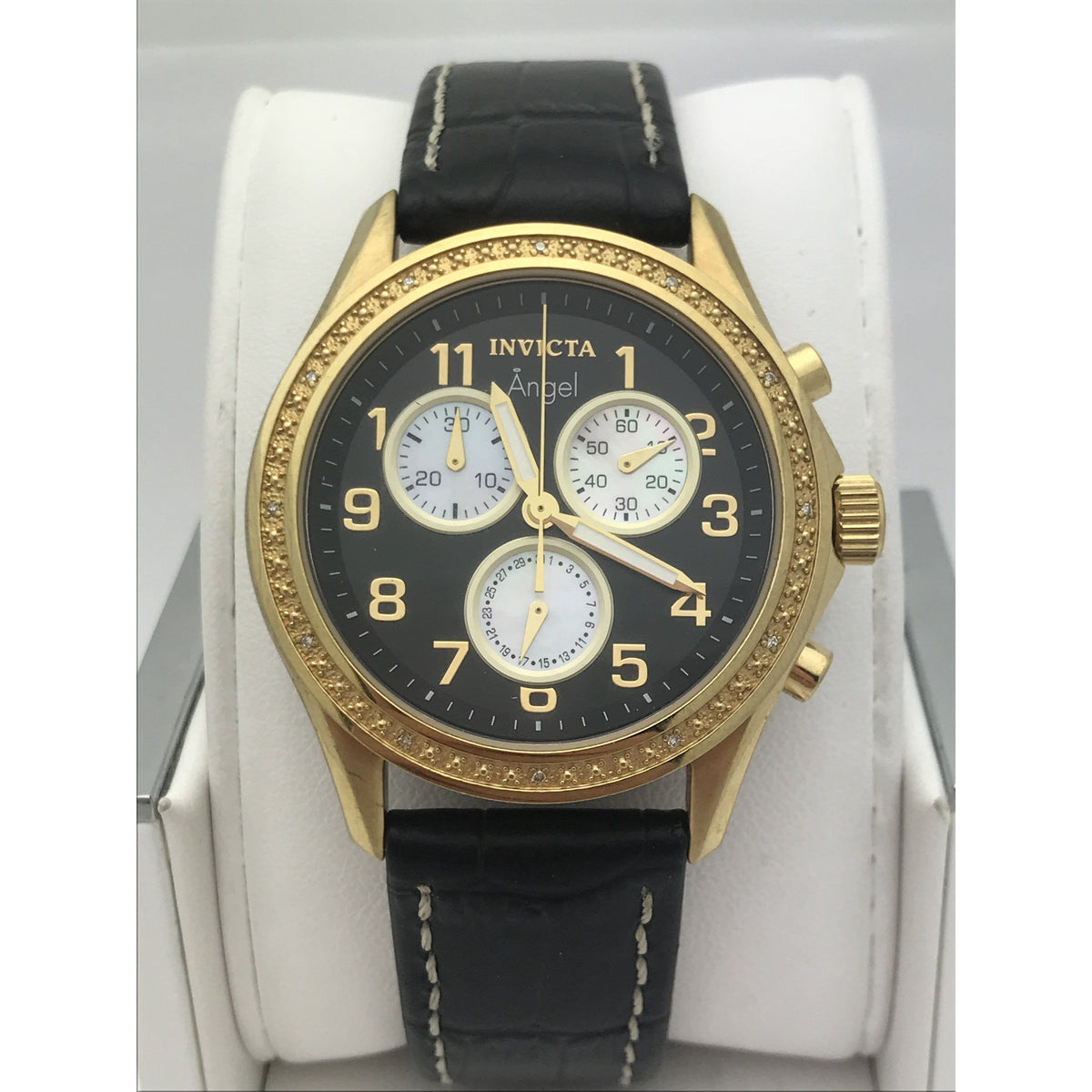 Invicta Angel Ladies Black Dial Black Calf Leather Band Watch 0579