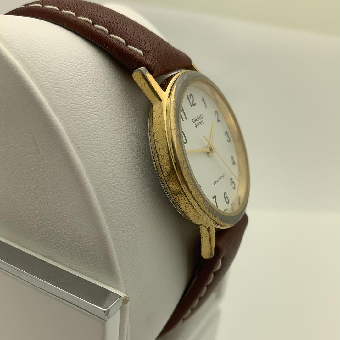 Casio Unisex White Dial Brown Leather Strap Watch MTP-1095