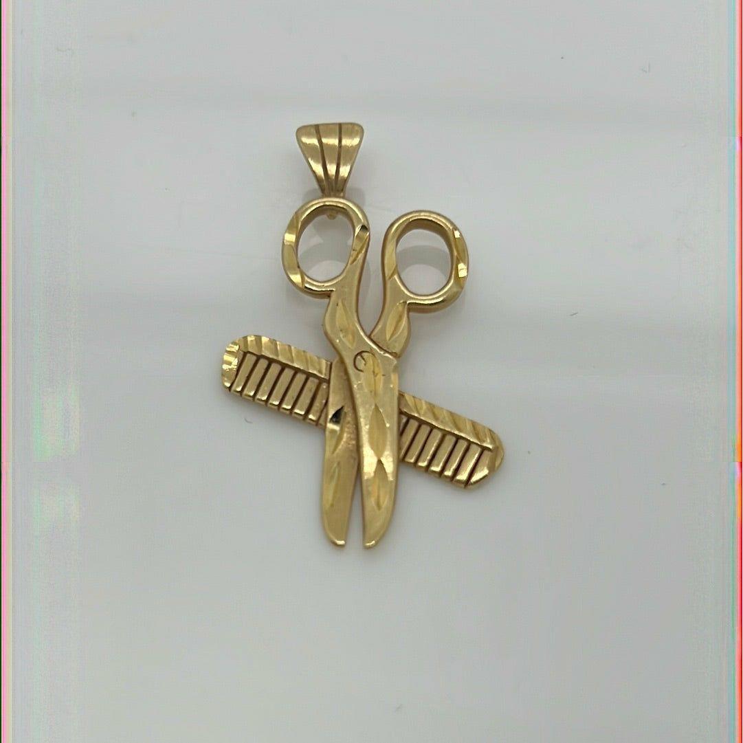14K Yellow Gold Scissors & Comb Charm Pendant P028