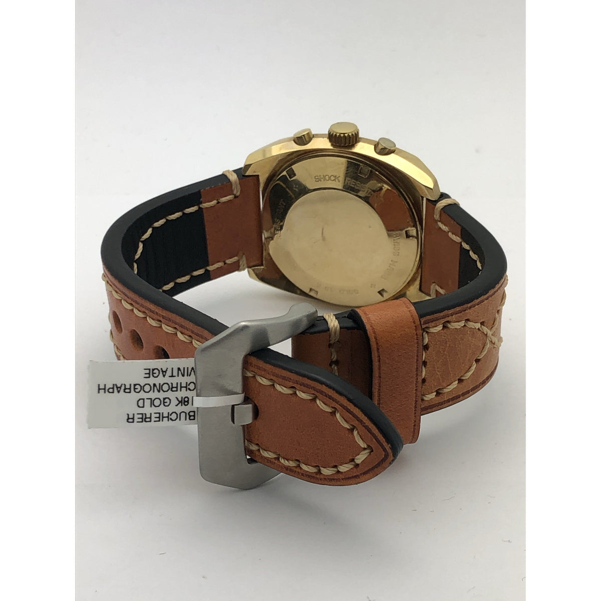 Bucherer Men's Vintage 18K Gold Chronograph Light Brown Leather Strap Watch