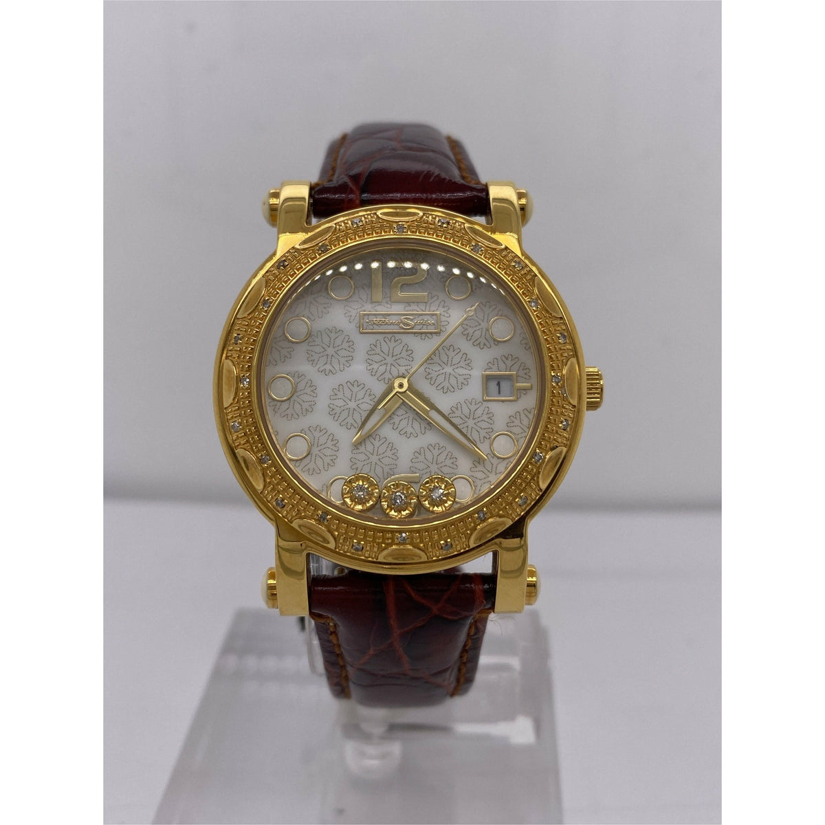Techno Swiss Ladies White Snowflake Dial Brown Leather Strap Watch TSM-1033