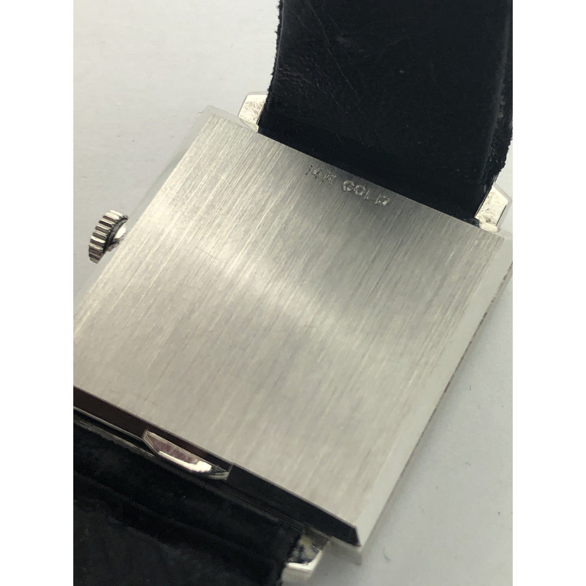 Omega Ladies Silver Tone Dial Black Suede Leather Strap 14K Gold Case Watch