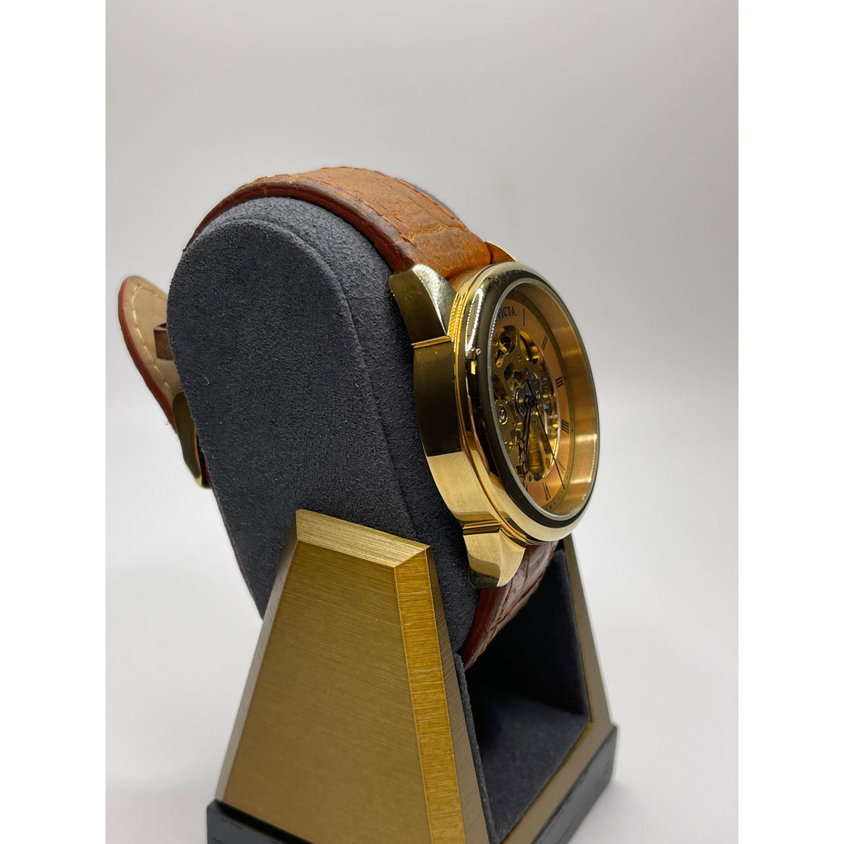 Invicta Specialty Yellow Gold Dial Brown Leather Strap Mechanical Men's Watch 17186