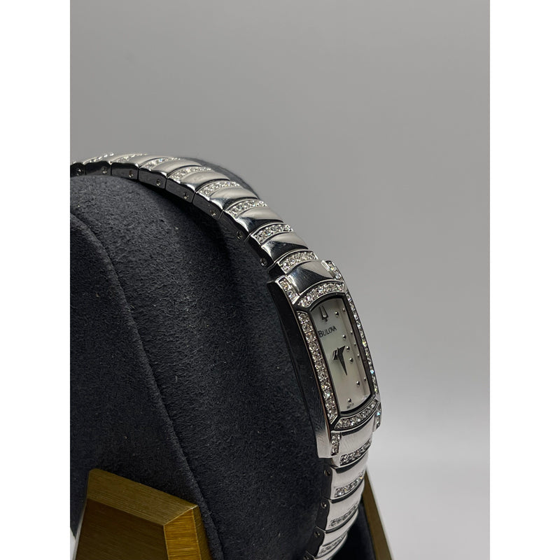 Bulova Ladies Mother of Pearl Dial Silver Tone Crystal Bracelet Watch 96T13