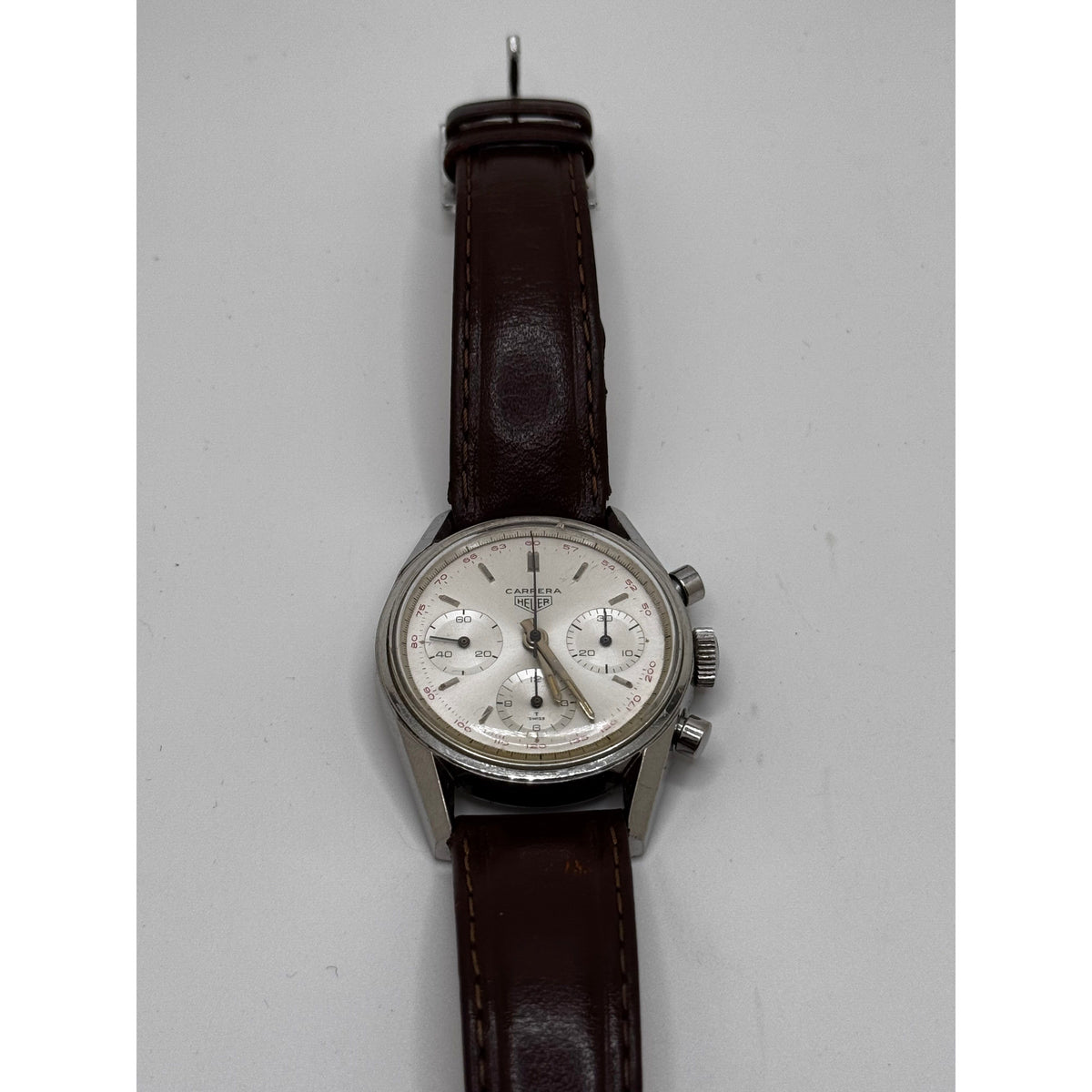 Heuer Men’s Carrera Silver Dial Brown Leather & Stainless Steel Strap Vintage Watch 2447T