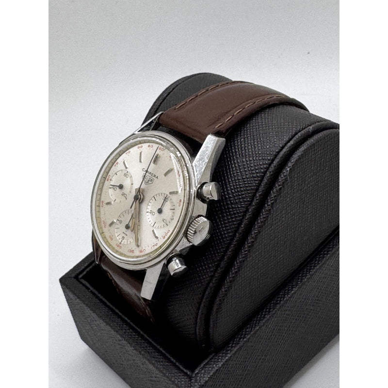 Heuer Men’s Carrera Silver Dial Brown Leather & Stainless Steel Strap Vintage Watch 2447T