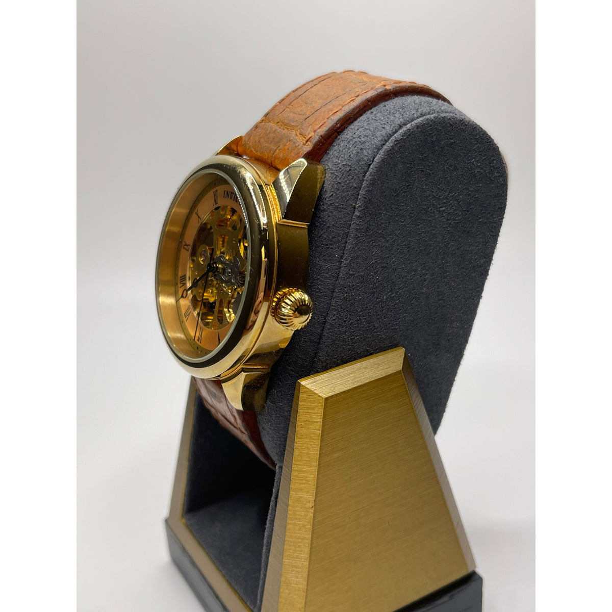 Invicta Specialty Yellow Gold Dial Brown Leather Strap Mechanical Men's Watch 17186