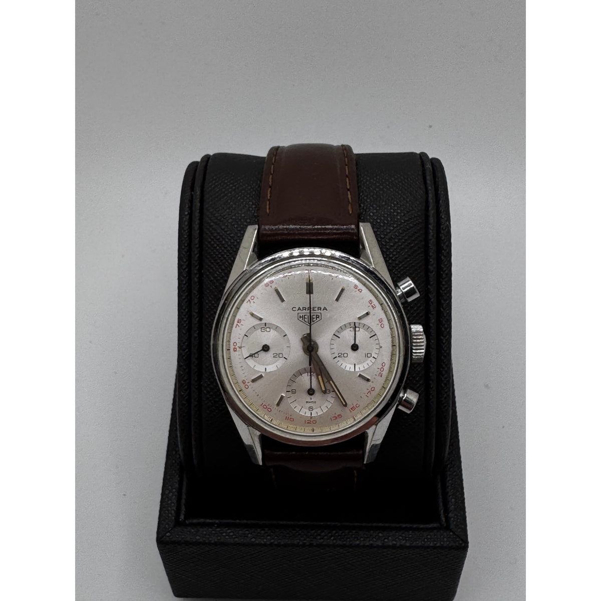 Heuer Men’s Carrera Silver Dial Brown Leather & Stainless Steel Strap Vintage Watch 2447T