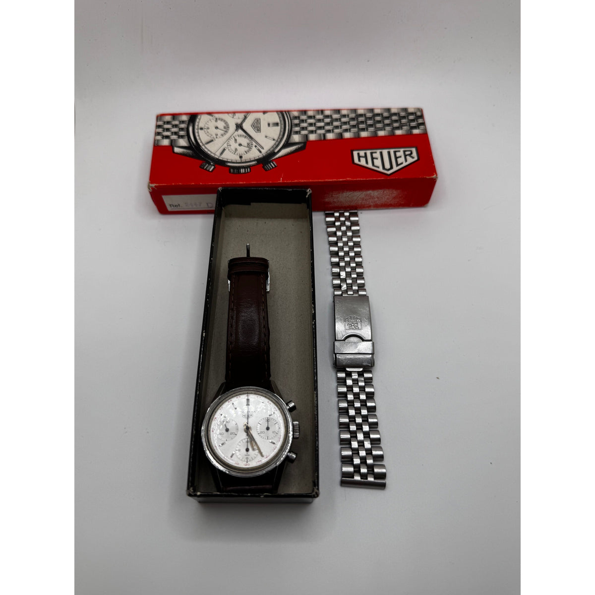 Heuer Men’s Carrera Silver Dial Brown Leather & Stainless Steel Strap Vintage Watch 2447T