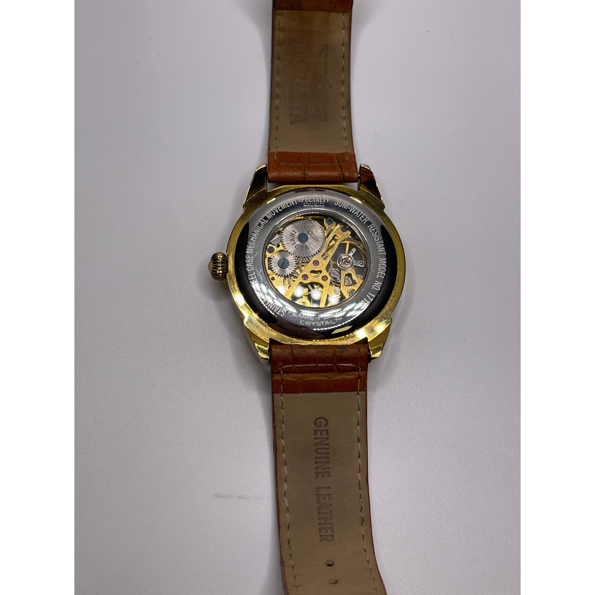 Invicta Specialty Yellow Gold Dial Brown Leather Strap Mechanical Men's Watch 17186